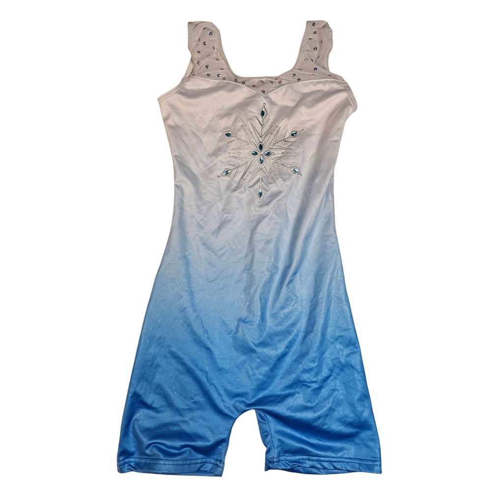 Girls Ombre Gymnastics Unitard Blue White Rhinestone Snowflake Leotard Size 140‎